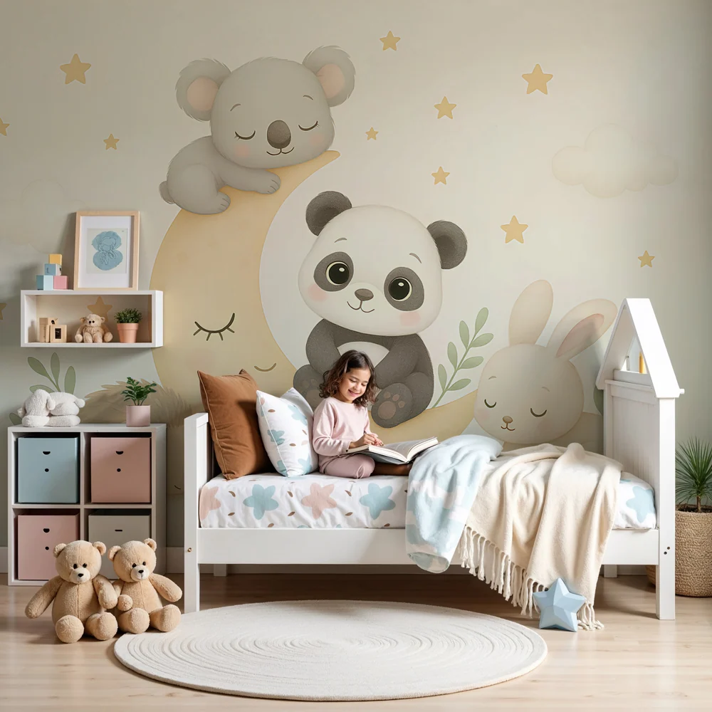 Nursery room wallpaper | Cute animals on moon