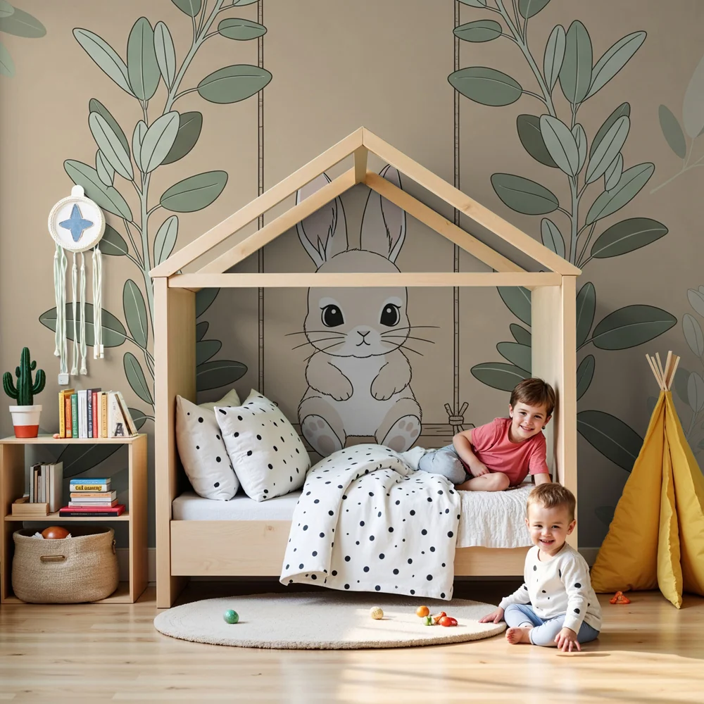Nursery room wallpaper | Cute bunny on swing