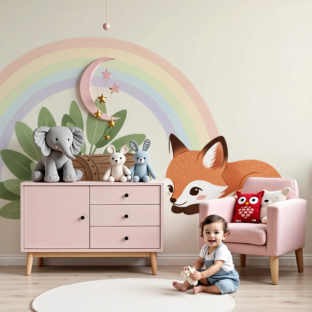 Nursery room wallpaper | Cute fox and rainbow