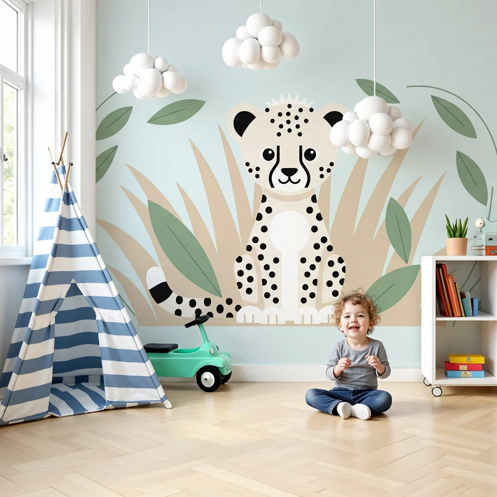 Nursery room wallpaper | Cute leopard and tropical jungle