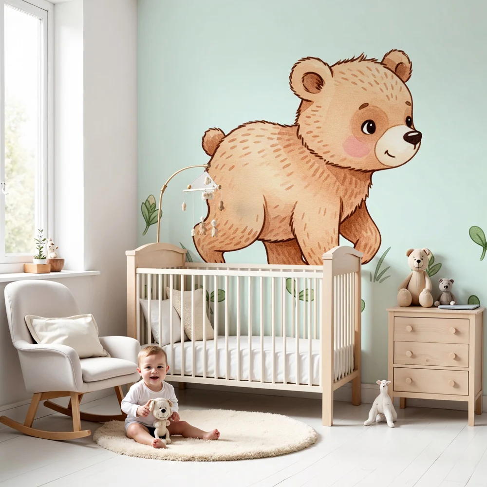 Nursery room wallpaper | Cute teddy bear middle nature