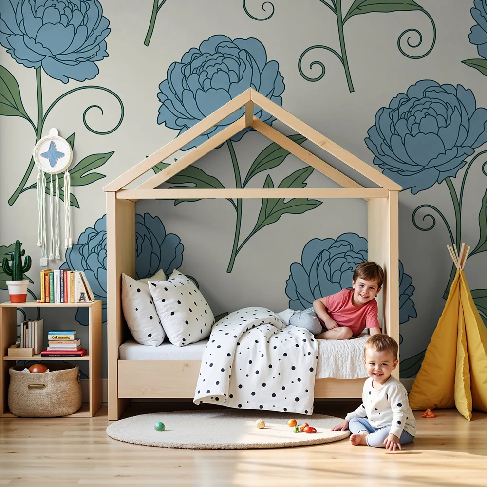 Nursery room wallpaper | Delicate blue flowers on cream background
