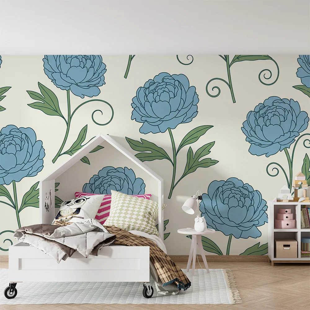 Nursery room wallpaper | Delicate blue flowers on cream background