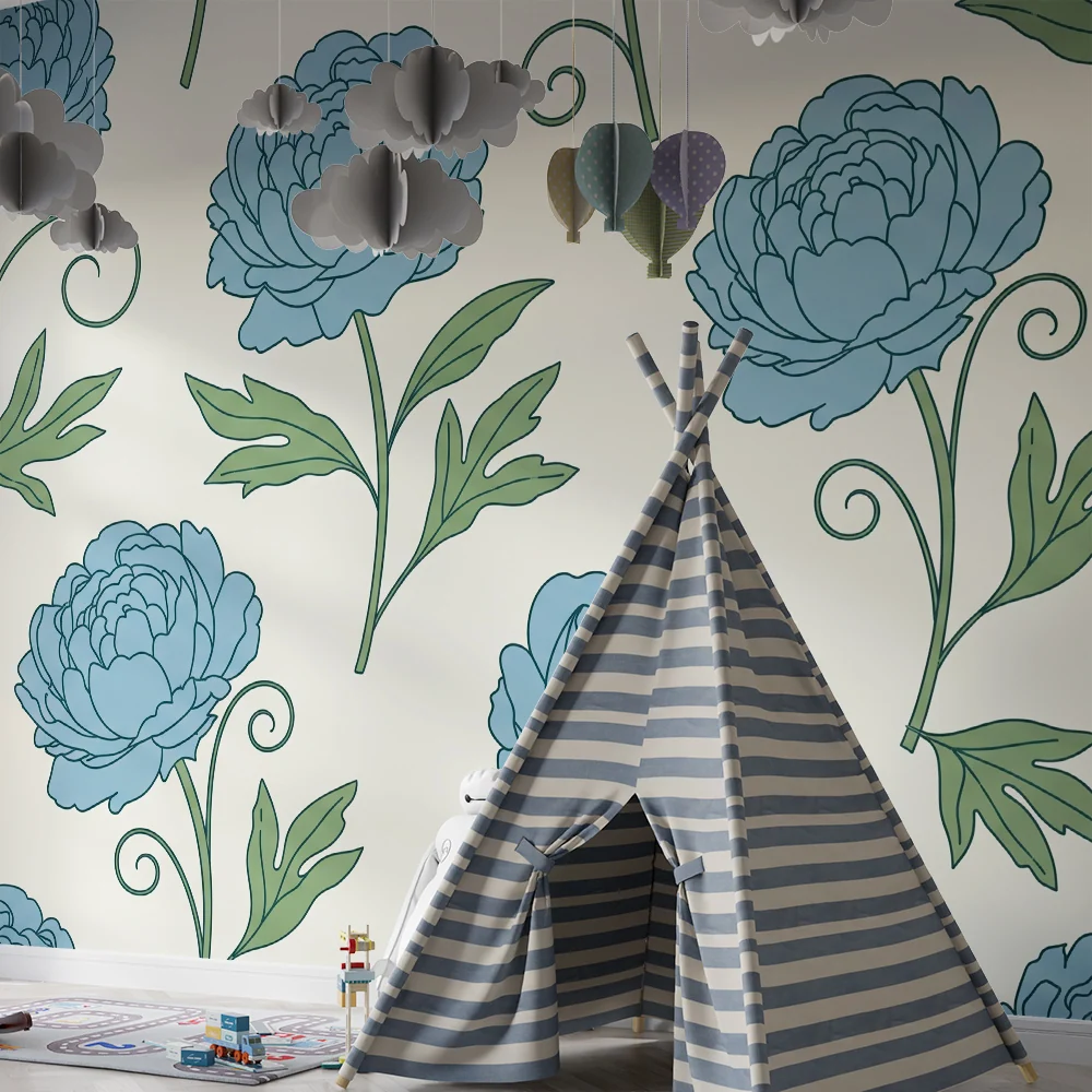 Nursery room wallpaper | Delicate blue flowers on cream background