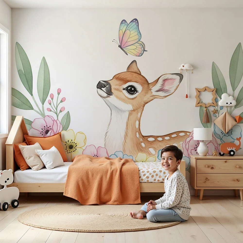 Nursery room wallpaper | Delicate fawn and pastel flowers