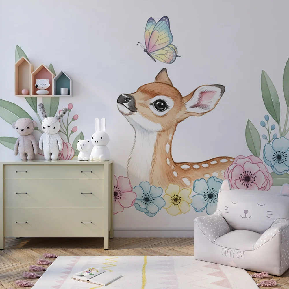 Nursery room wallpaper | Delicate fawn and pastel flowers