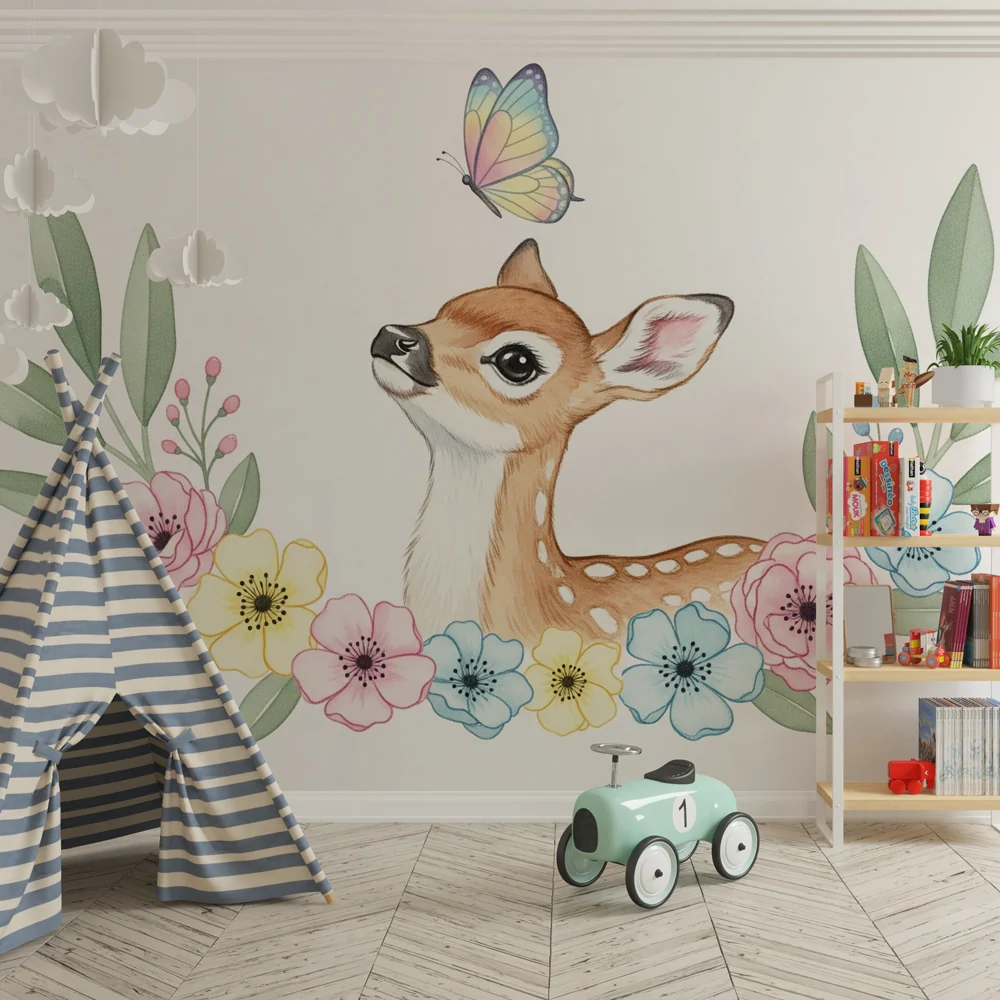 Nursery room wallpaper | Delicate fawn and pastel flowers