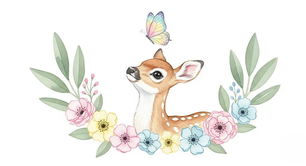 Nursery room wallpaper | Delicate fawn and pastel flowers
