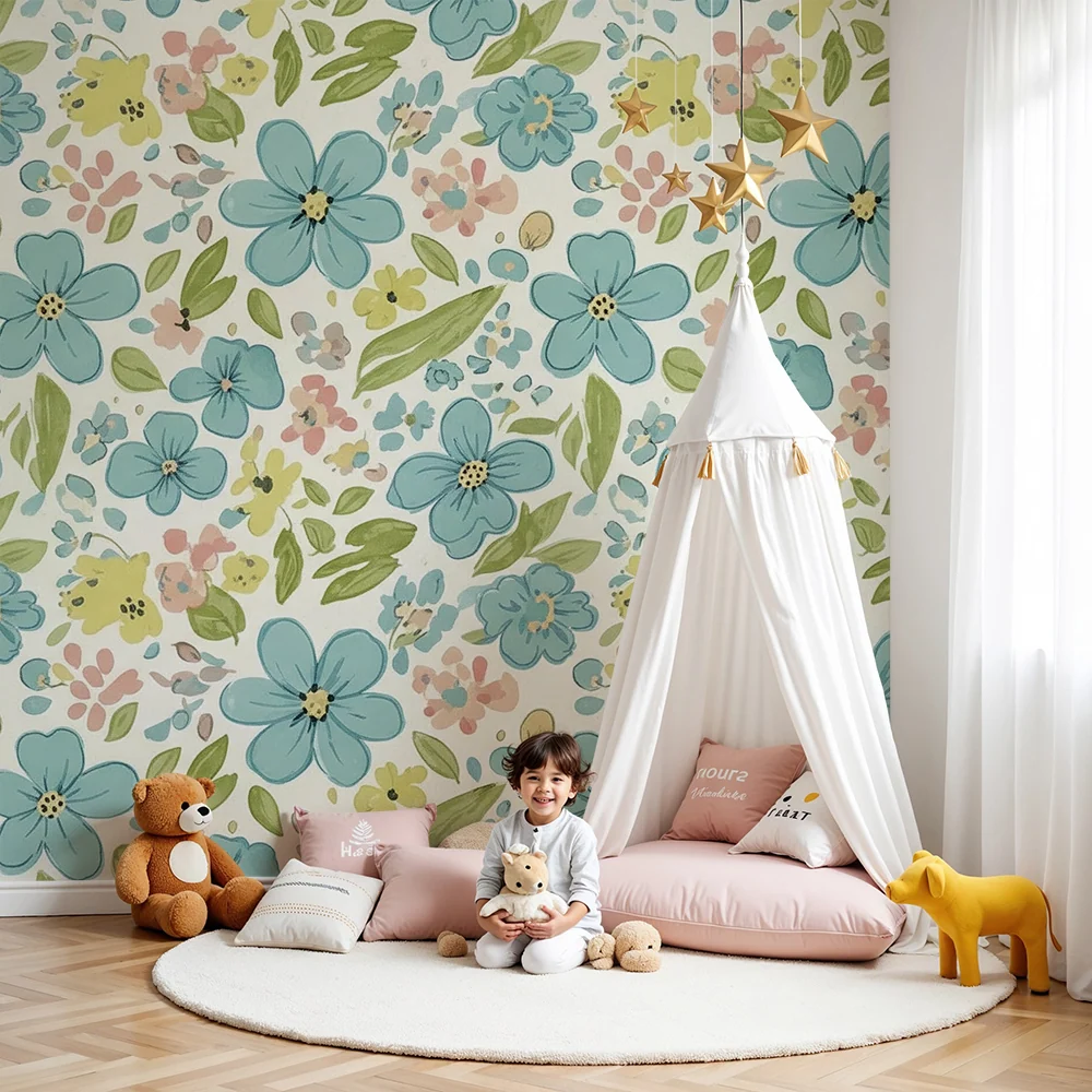 Nursery room wallpaper | Delicate floral patterns blue and pastel