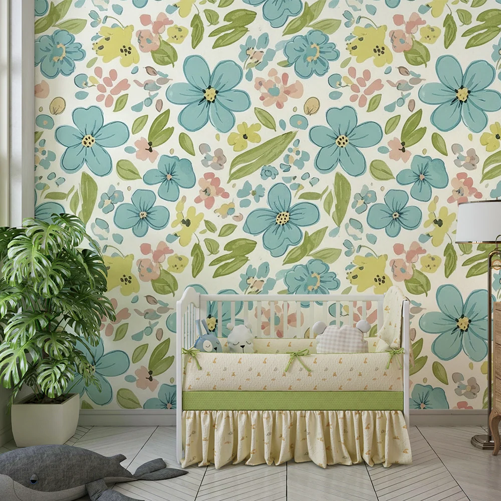 Nursery room wallpaper | Delicate floral patterns blue and pastel