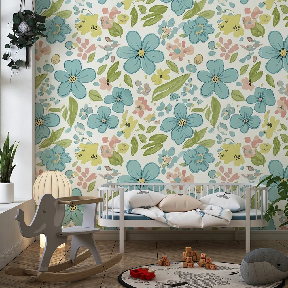 Nursery room wallpaper | Delicate floral patterns blue and pastel