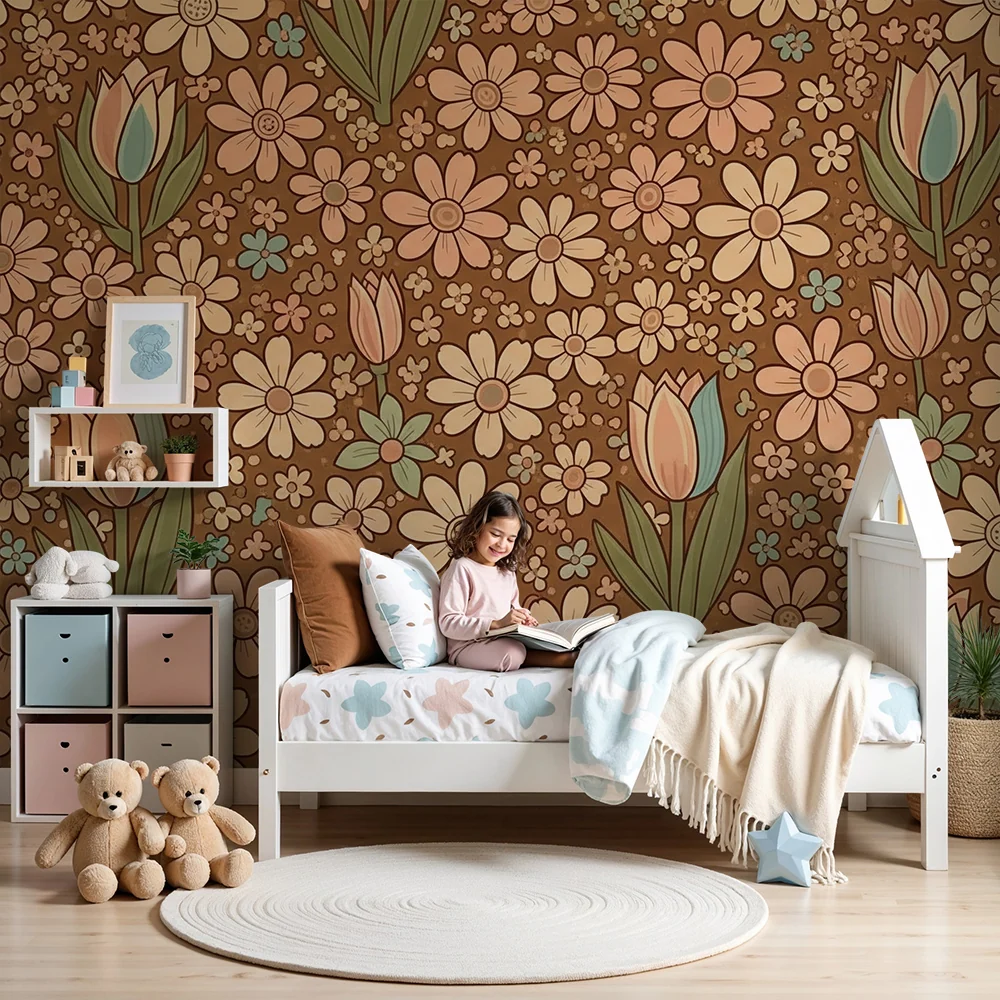 Nursery room wallpaper | Delicate flowers on brown background tulips and daisies