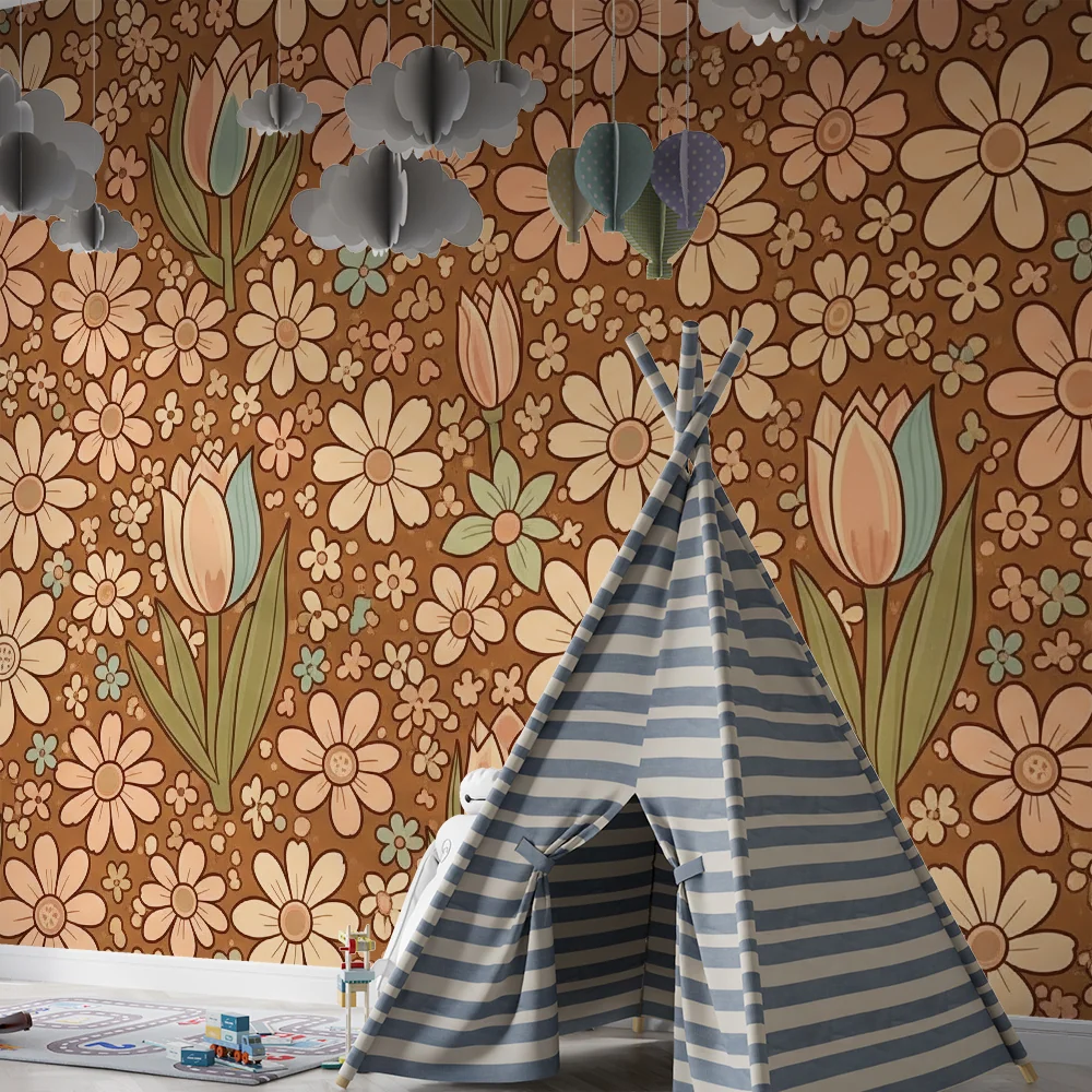 Nursery room wallpaper | Delicate flowers on brown background tulips and daisies