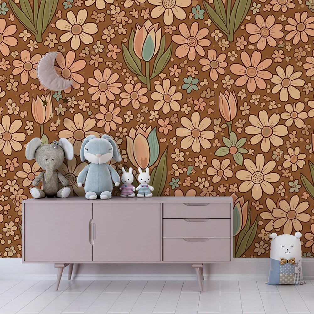 Nursery room wallpaper | Delicate flowers on brown background tulips and daisies