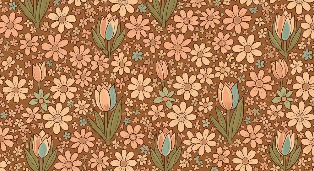 Nursery room wallpaper | Delicate flowers on brown background tulips and daisies