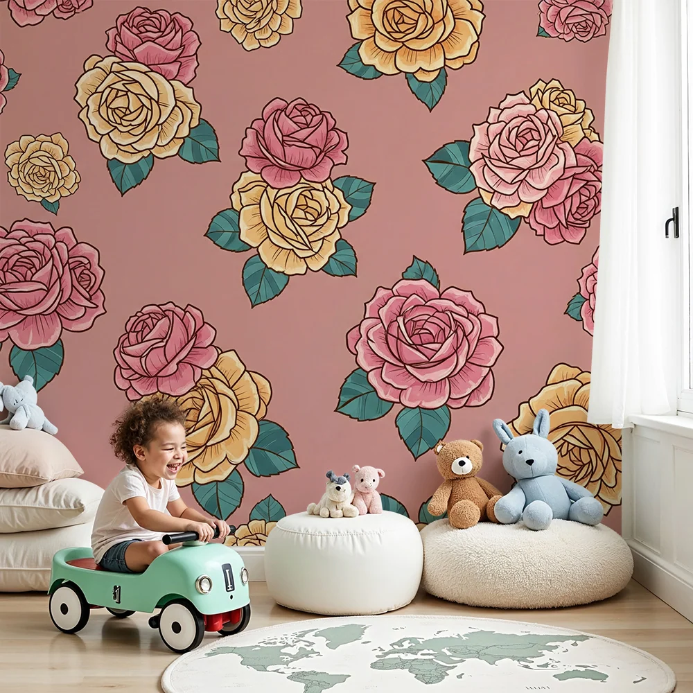 Nursery room wallpaper | Delicate roses on soft pink background
