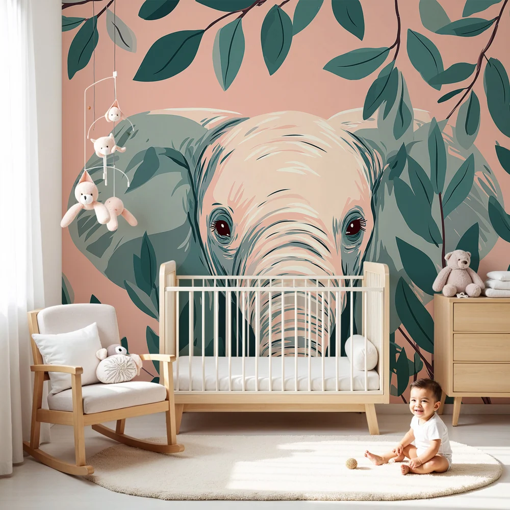 Nursery room wallpaper | Elegáns elefánt és trópusi lombozat
