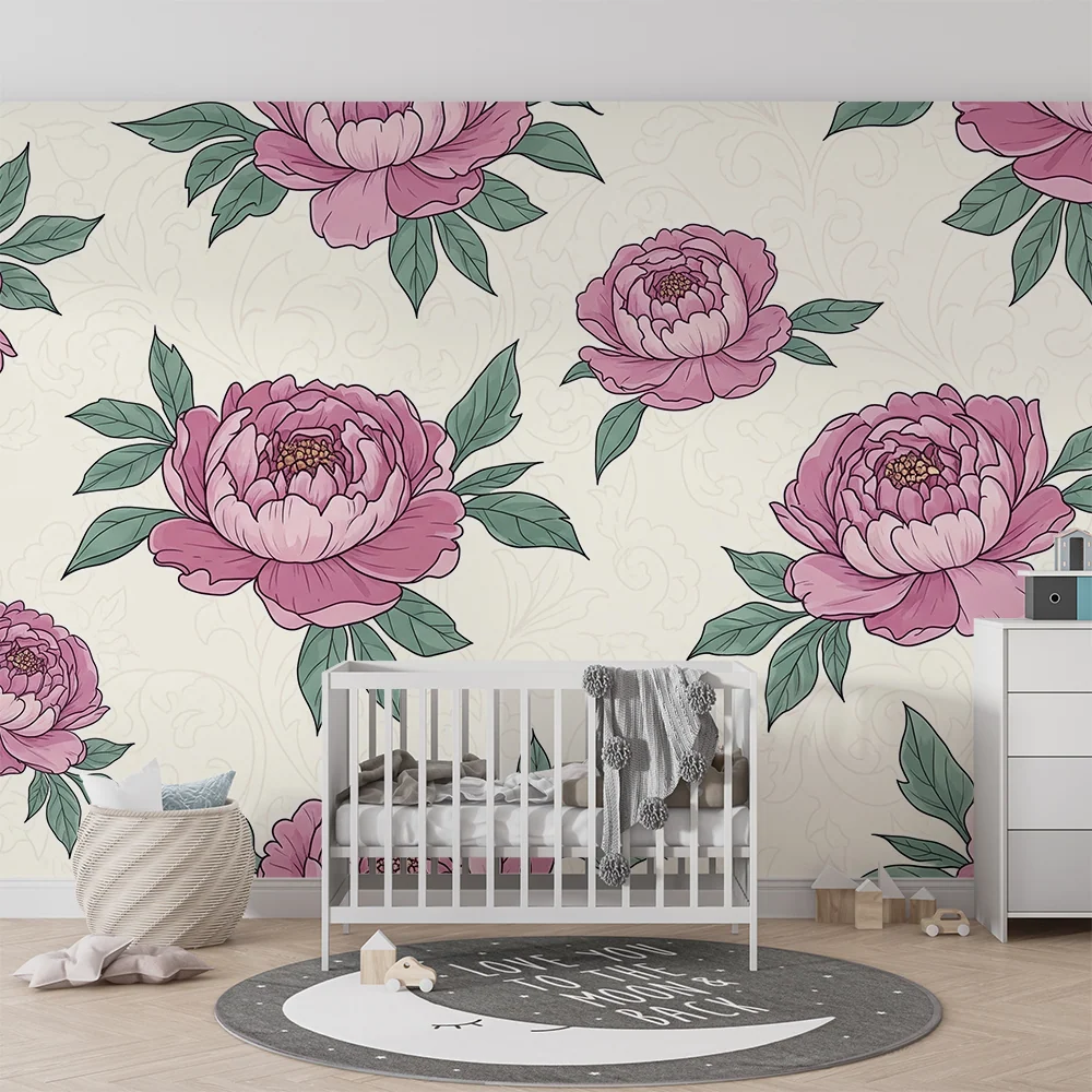 Nursery room wallpaper | Elegáns rózsaszín pünkösdi rózsák puha háttéren