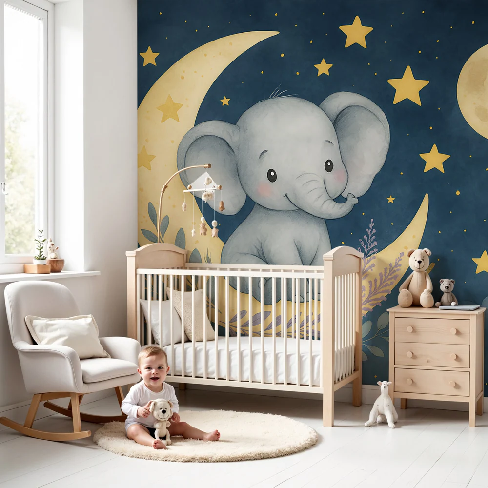 Nursery room wallpaper | Elephant on moon starry sky
