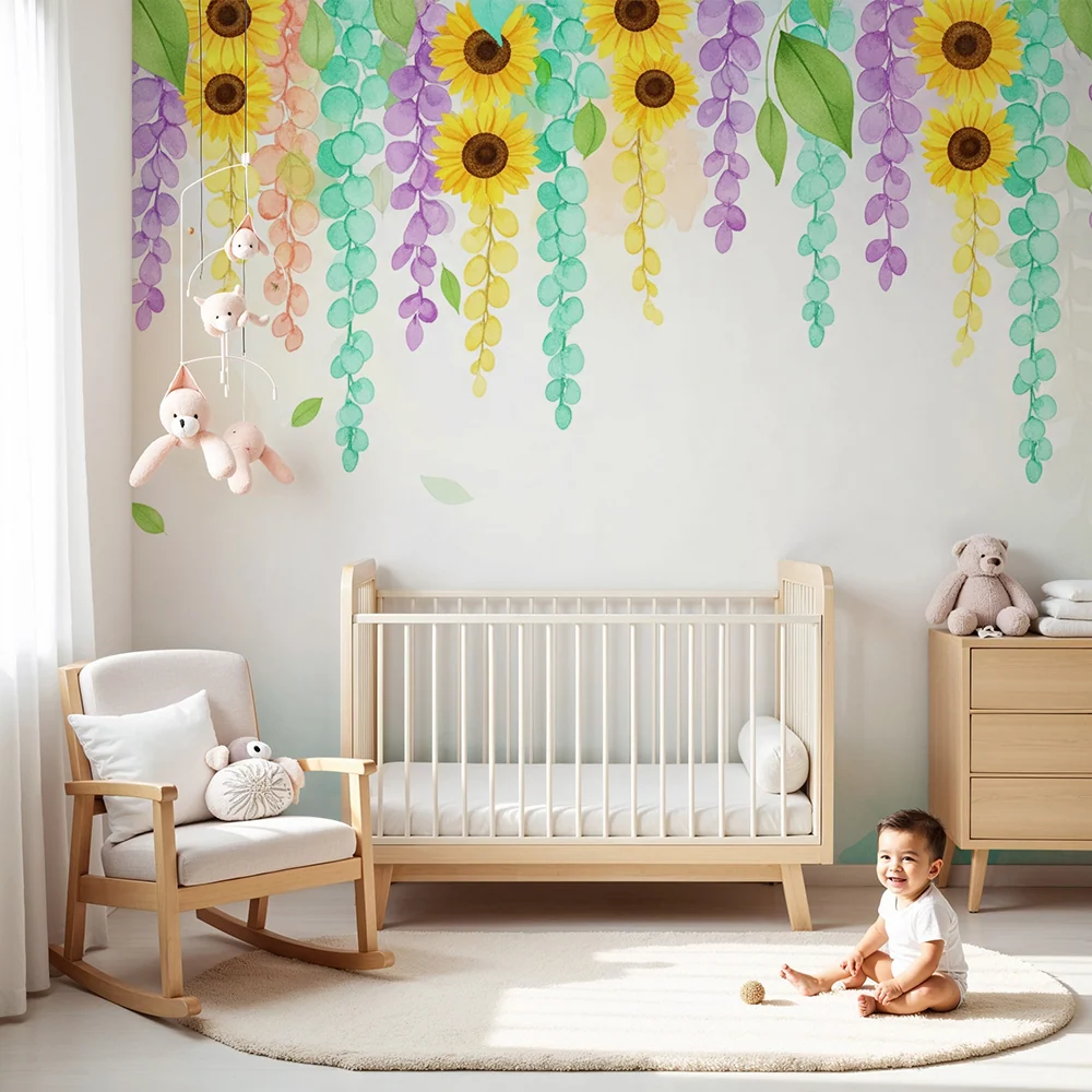 Nursery room wallpaper | Falling flowers and sunflowers