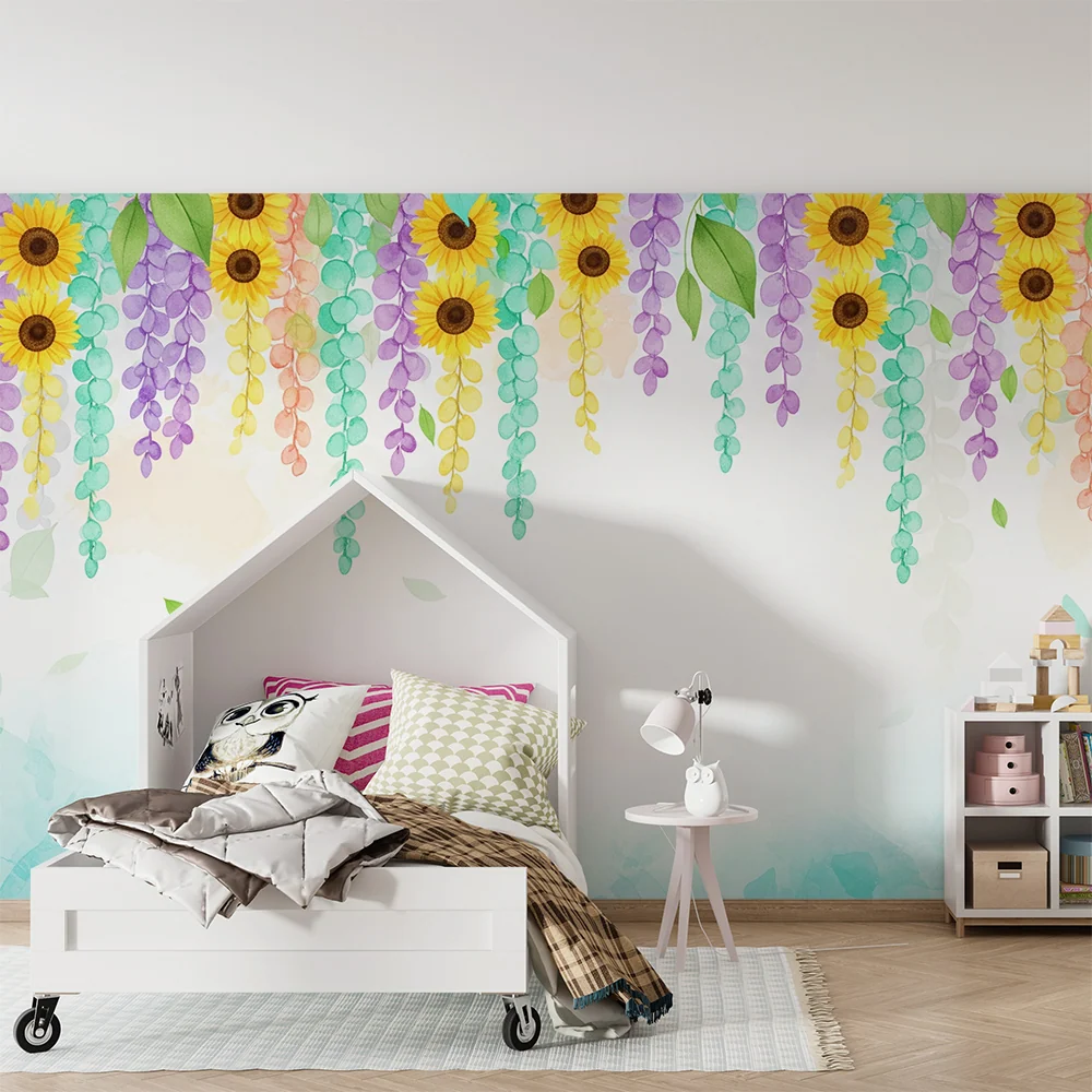 Nursery room wallpaper | Falling flowers and sunflowers