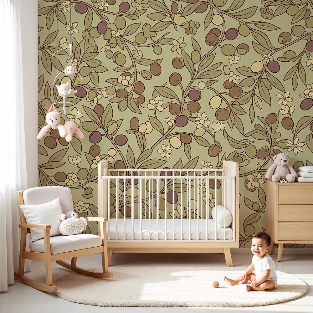 Nursery room wallpaper | Floral and delicate fruit patterns on soft background