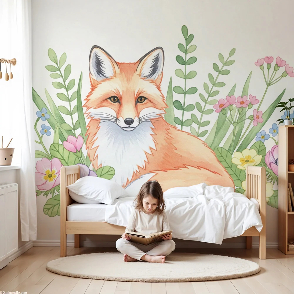 Nursery room wallpaper | Fox charm and colorful flowers