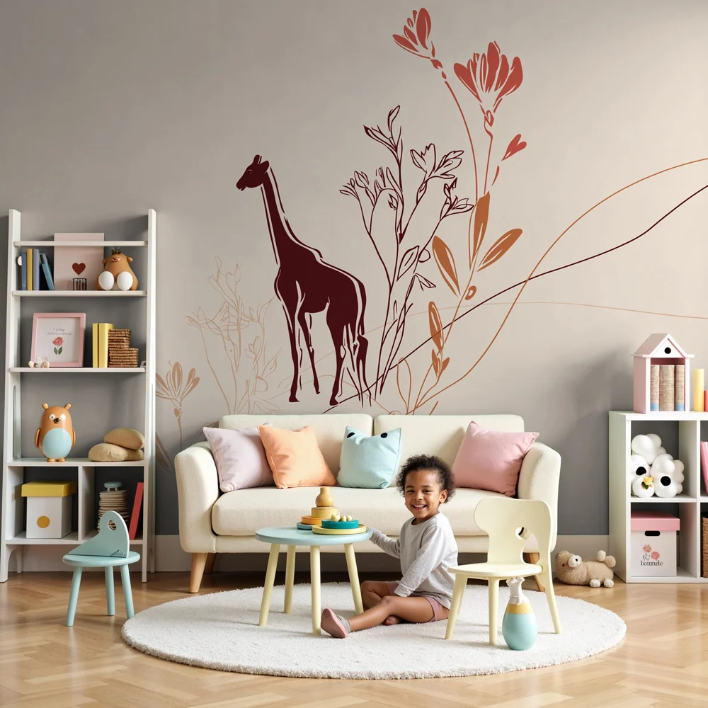 Nursery room wallpaper | Giraffe és finom virágok