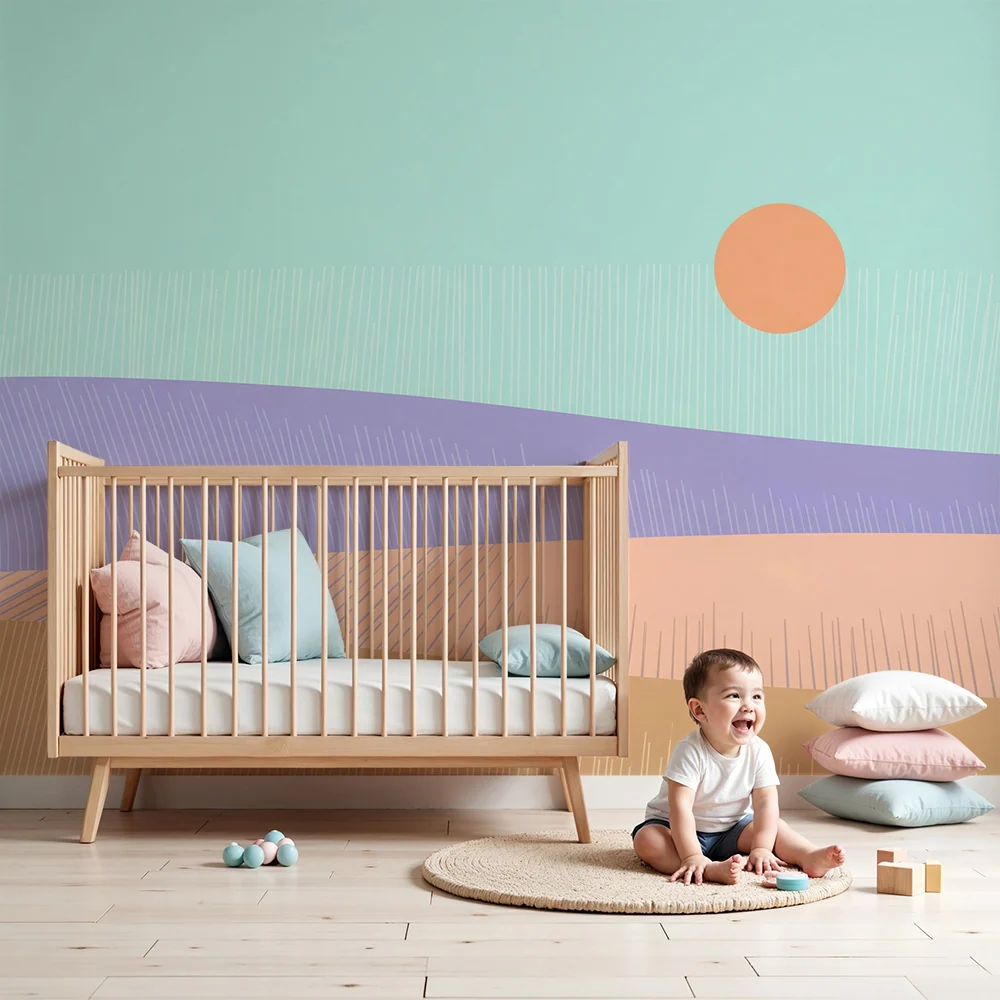 Nursery room wallpaper | Gyengéd pasztell hullámok és nyugtató napfény