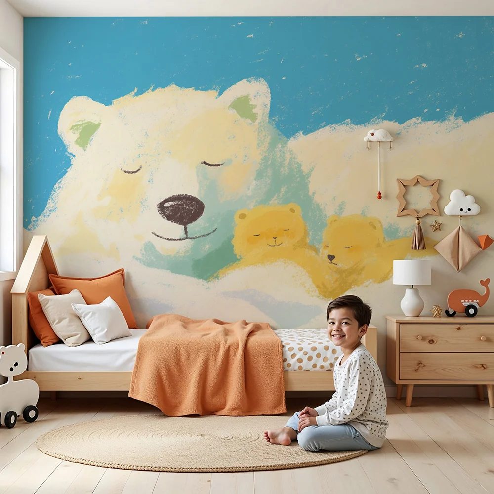 Nursery room wallpaper | Jegesmedve és kölykei álmosan felhőkben