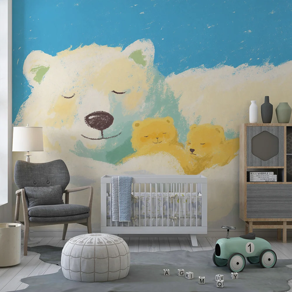 Nursery room wallpaper | Jegesmedve és kölykei álmosan felhőkben