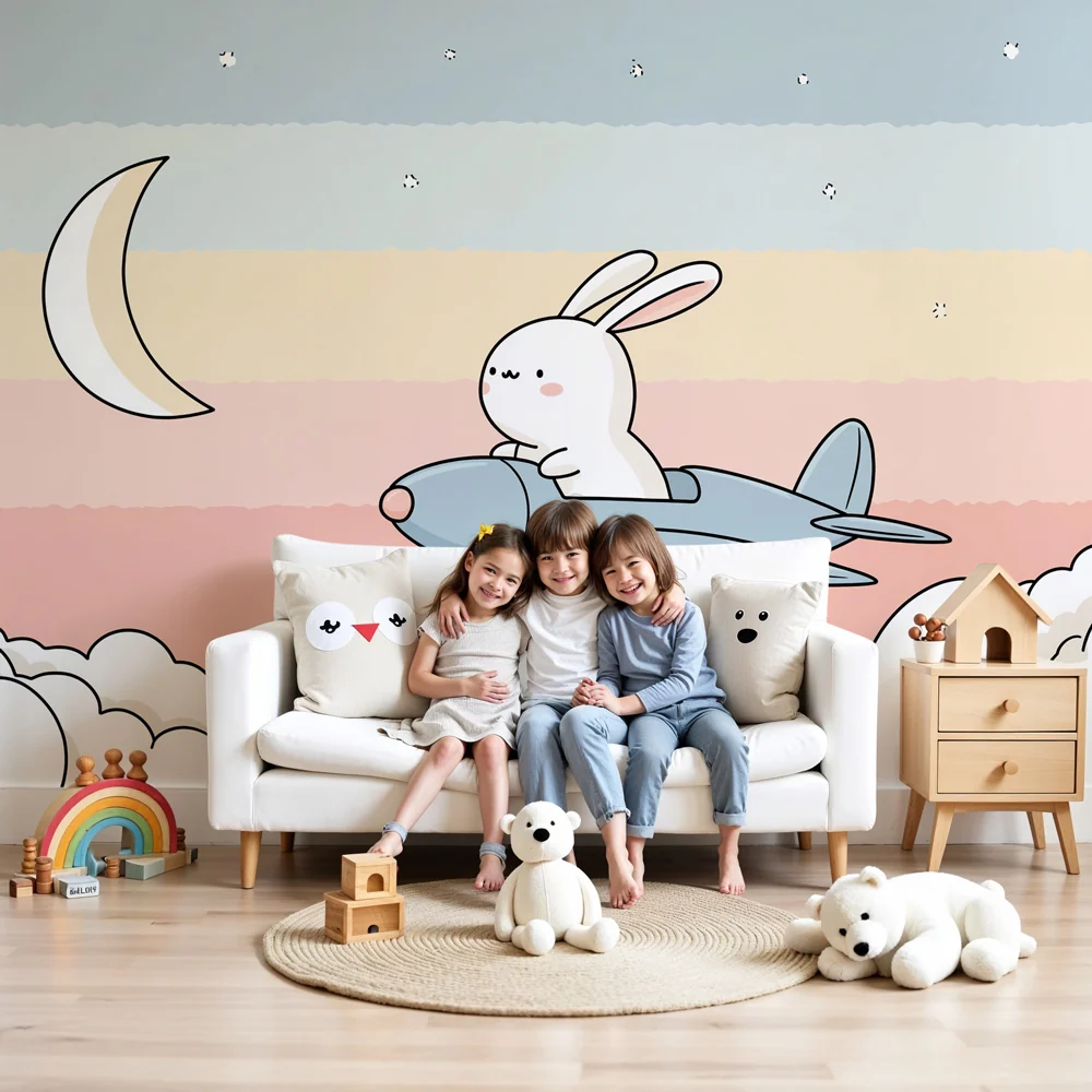 Nursery room wallpaper | Kalandor nyúl felhők között