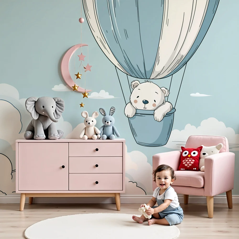Nursery room wallpaper | Kis medve egy hőlégballonban