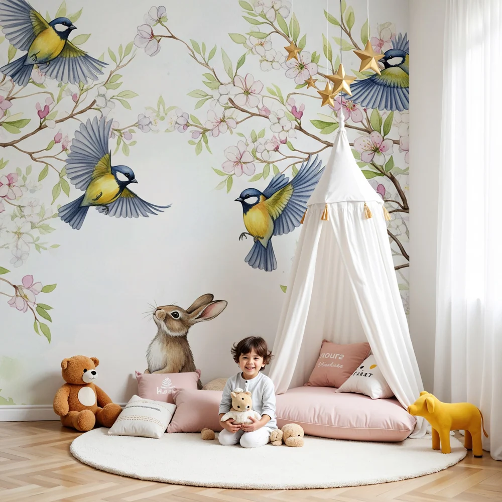 Nursery room wallpaper | Kíváncsi nyuszi virágzó madarak alatt
