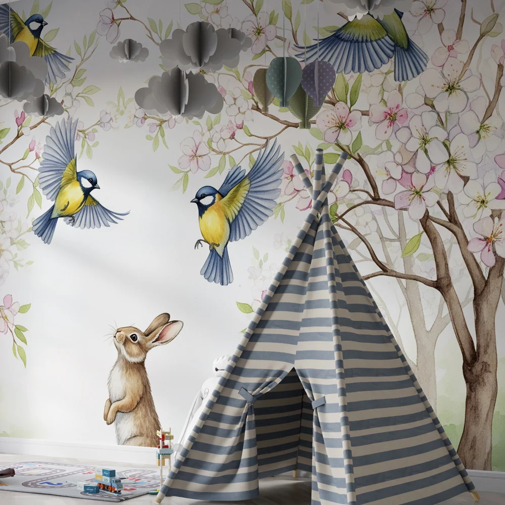 Nursery room wallpaper | Kíváncsi nyuszi virágzó madarak alatt