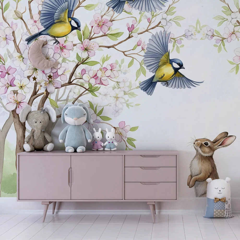 Nursery room wallpaper | Kíváncsi nyuszi virágzó madarak alatt