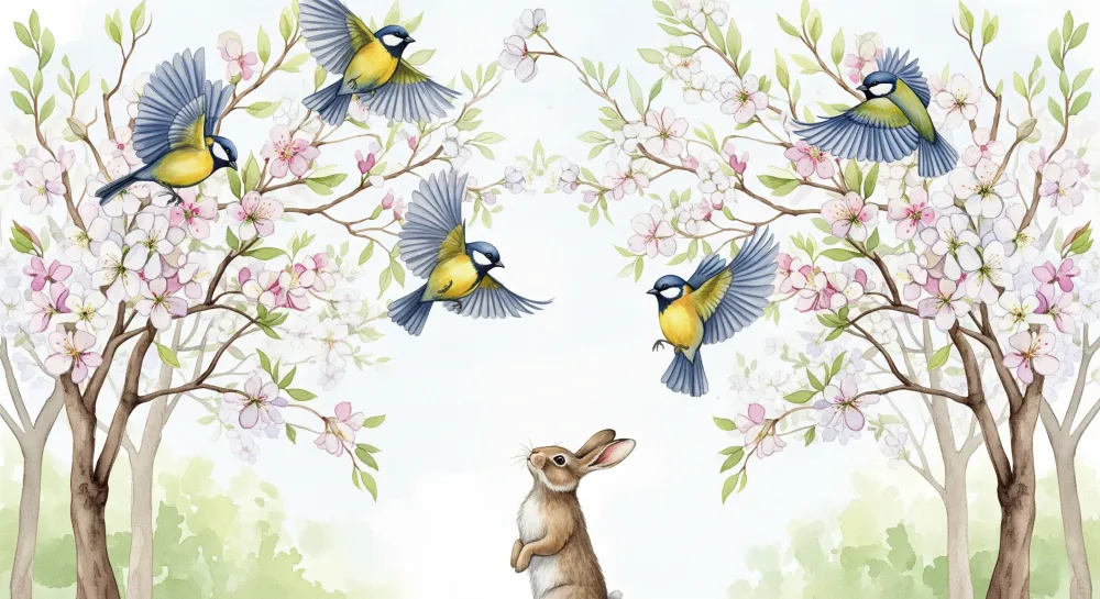 Nursery room wallpaper | Kíváncsi nyuszi virágzó madarak alatt