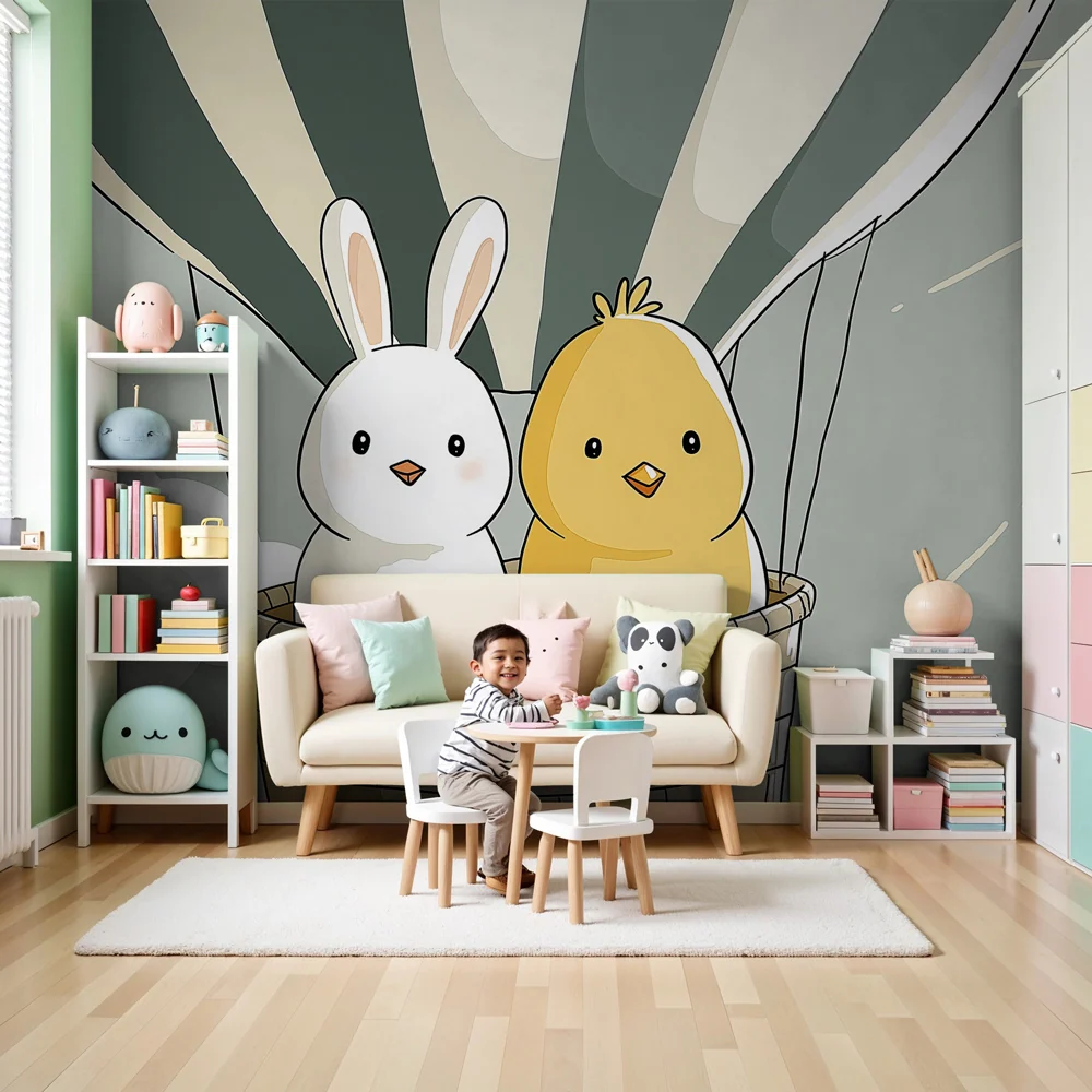 Nursery room wallpaper | Léghajó hőlégballon egy nyuszival és egy csibével