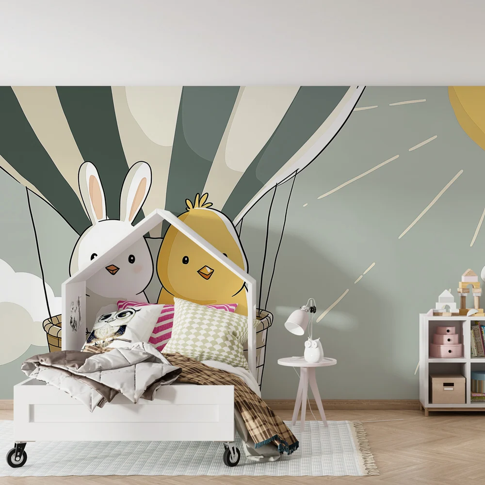 Nursery room wallpaper | Léghajó hőlégballon egy nyuszival és egy csibével