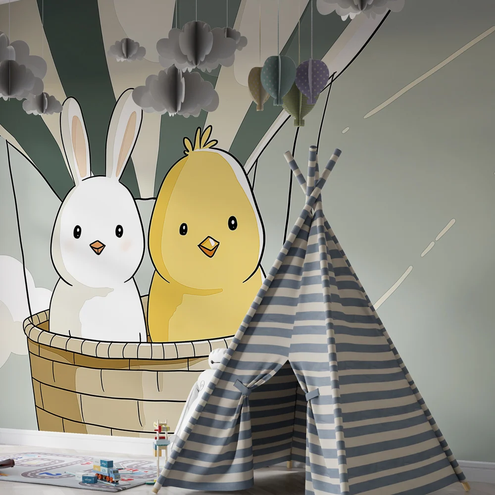 Nursery room wallpaper | Léghajó hőlégballon egy nyuszival és egy csibével