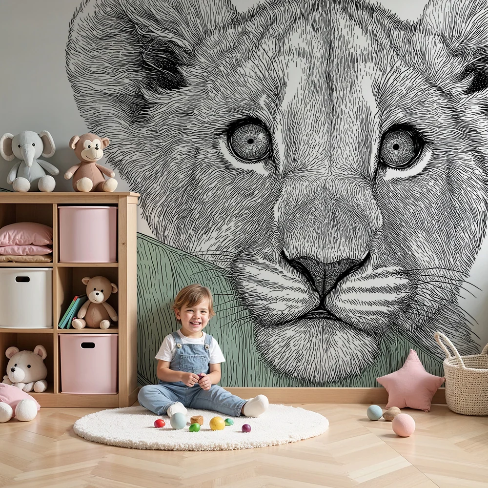 Nursery room wallpaper | Lion cub head delicate foliage