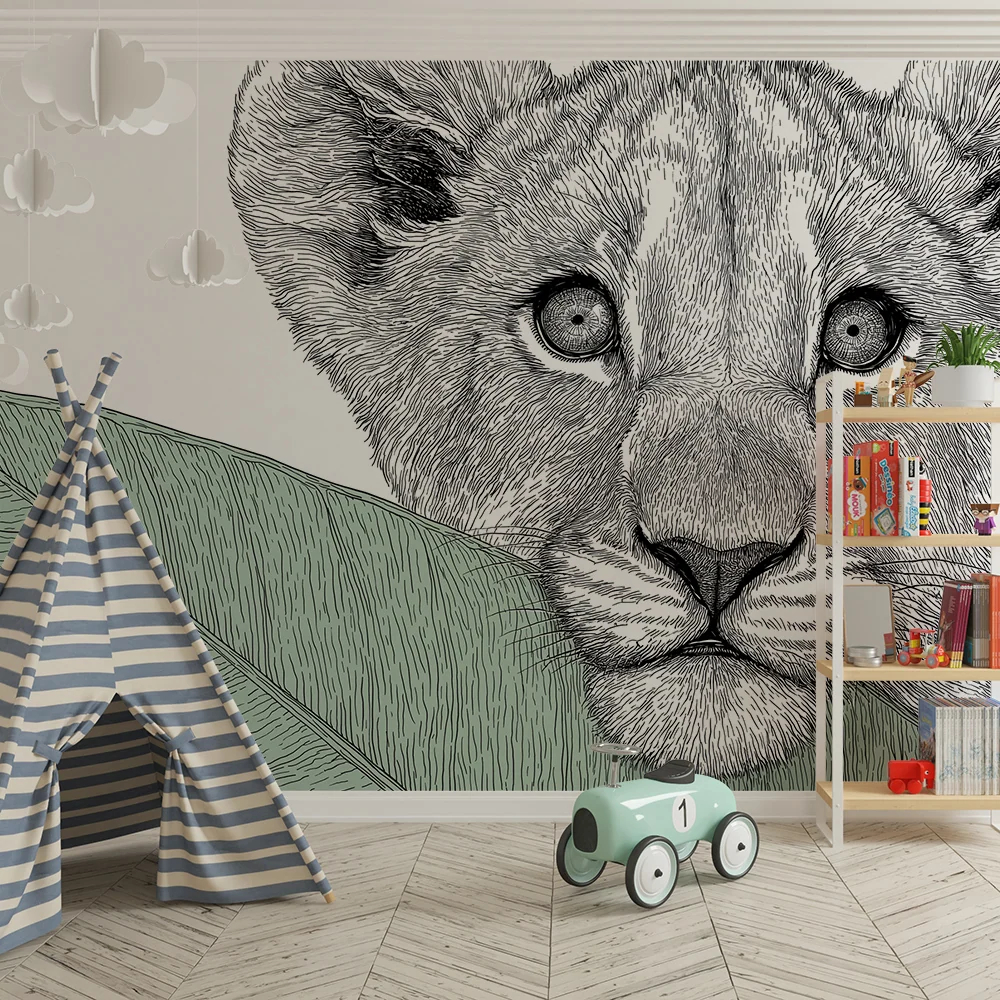 Nursery room wallpaper | Lion cub head delicate foliage
