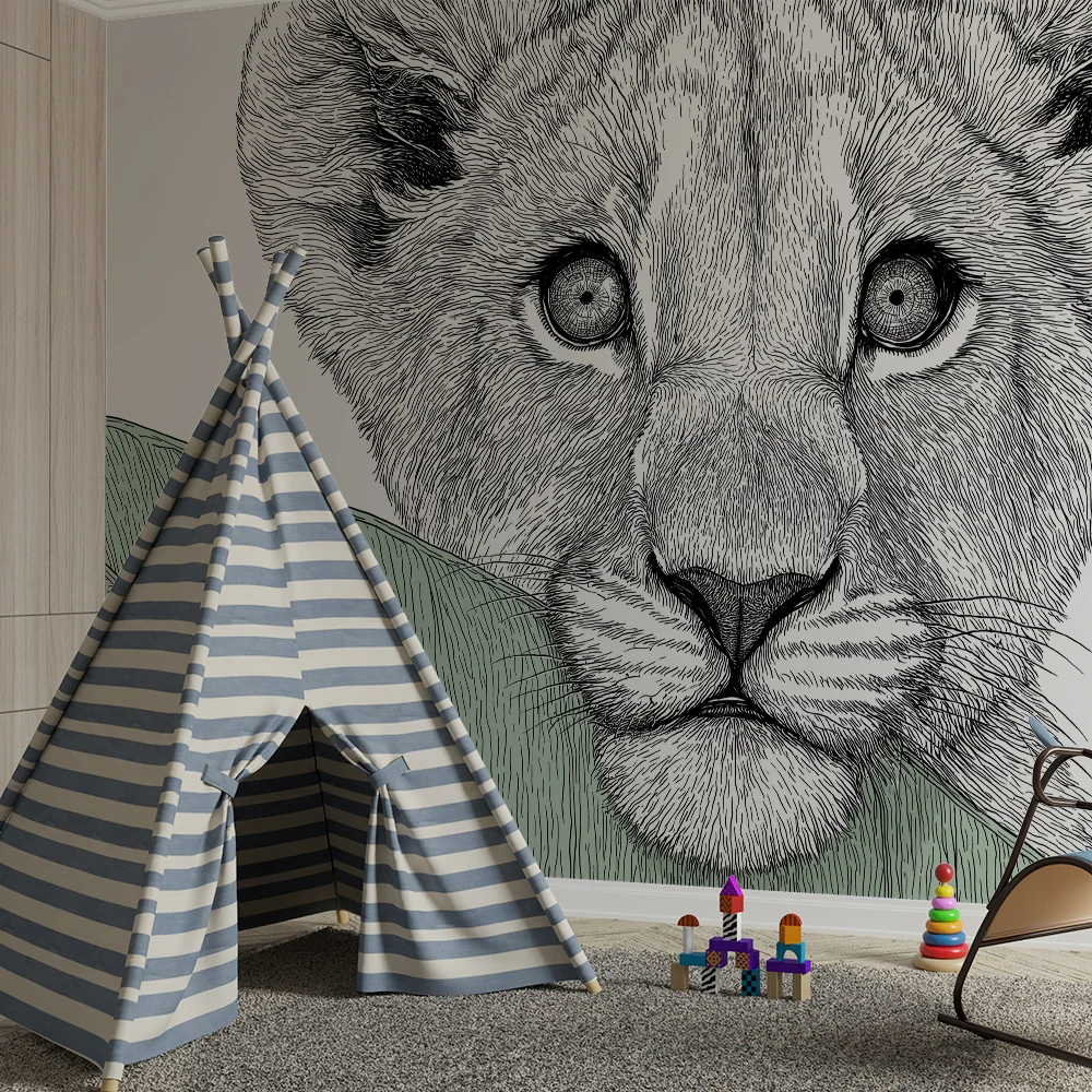 Nursery room wallpaper | Lion cub head delicate foliage