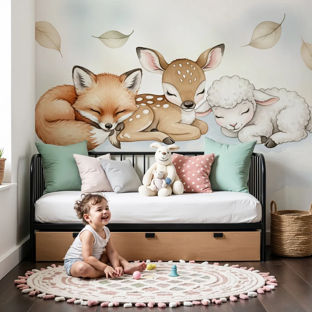 Nursery room wallpaper | Álmos állatok egy felhőn