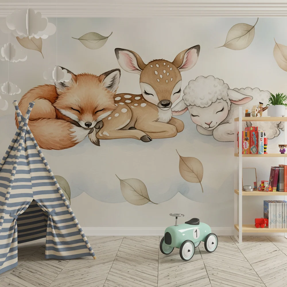 Nursery room wallpaper | Álmos állatok egy felhőn