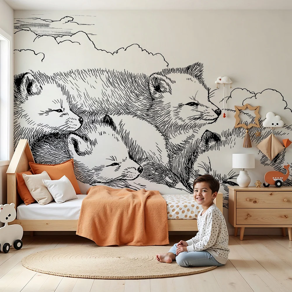 Nursery room wallpaper | Álmos rókakölykök felhők között
