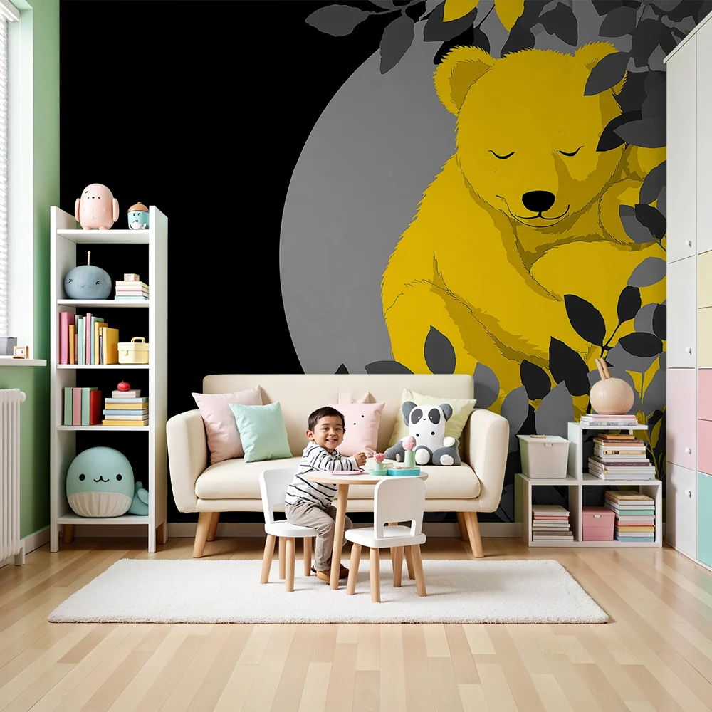 Nursery room wallpaper | Álmos sárga medve levelekkel övezve