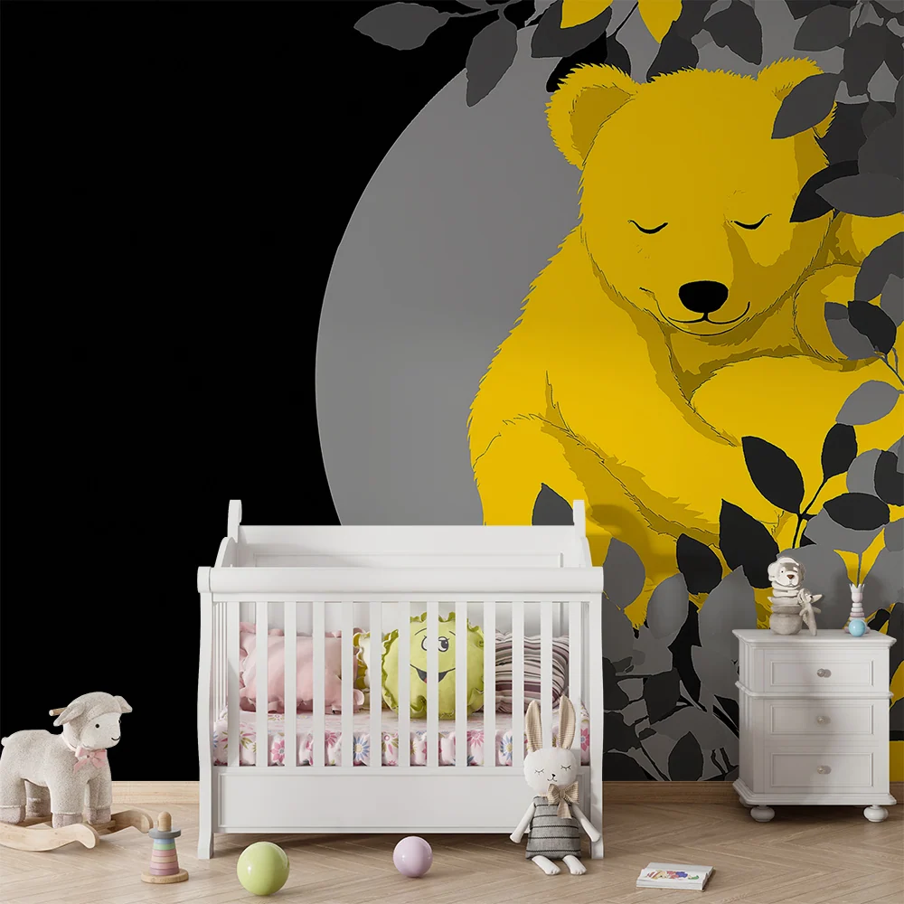Nursery room wallpaper | Álmos sárga medve levelekkel övezve
