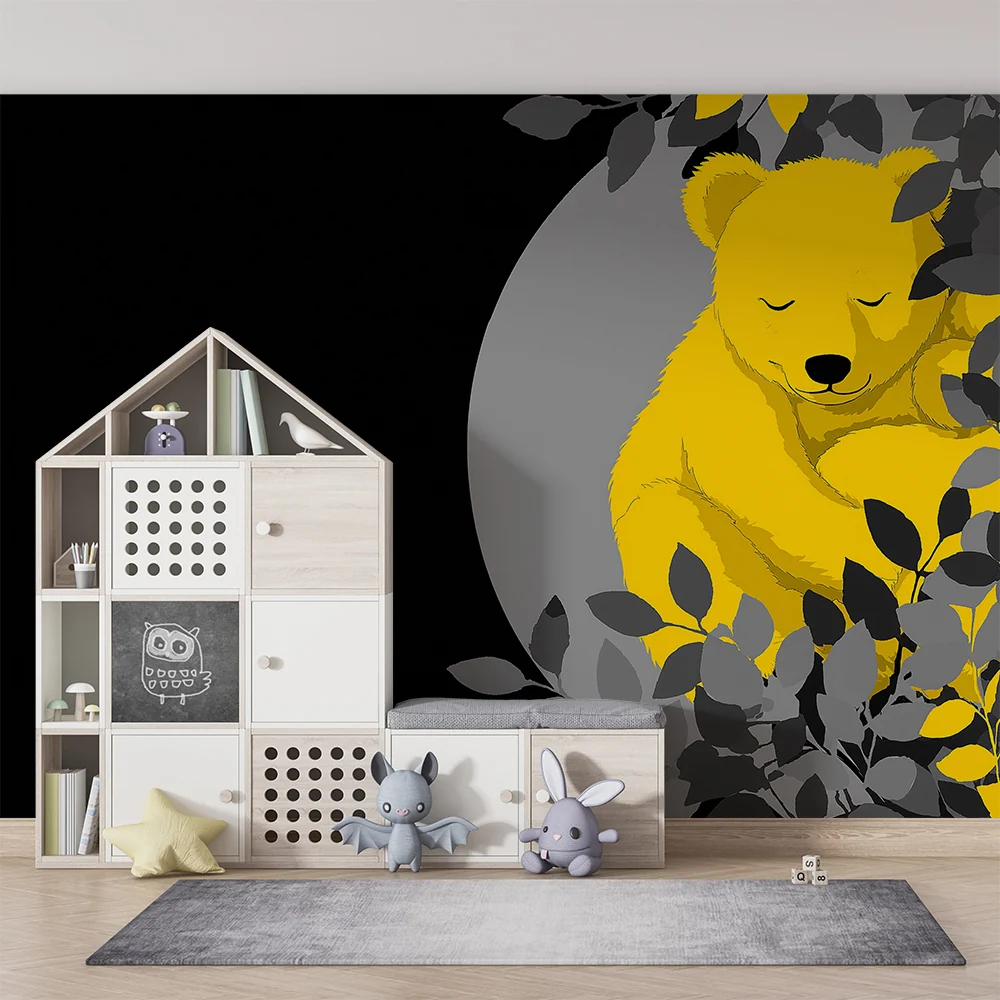 Nursery room wallpaper | Álmos sárga medve levelekkel övezve