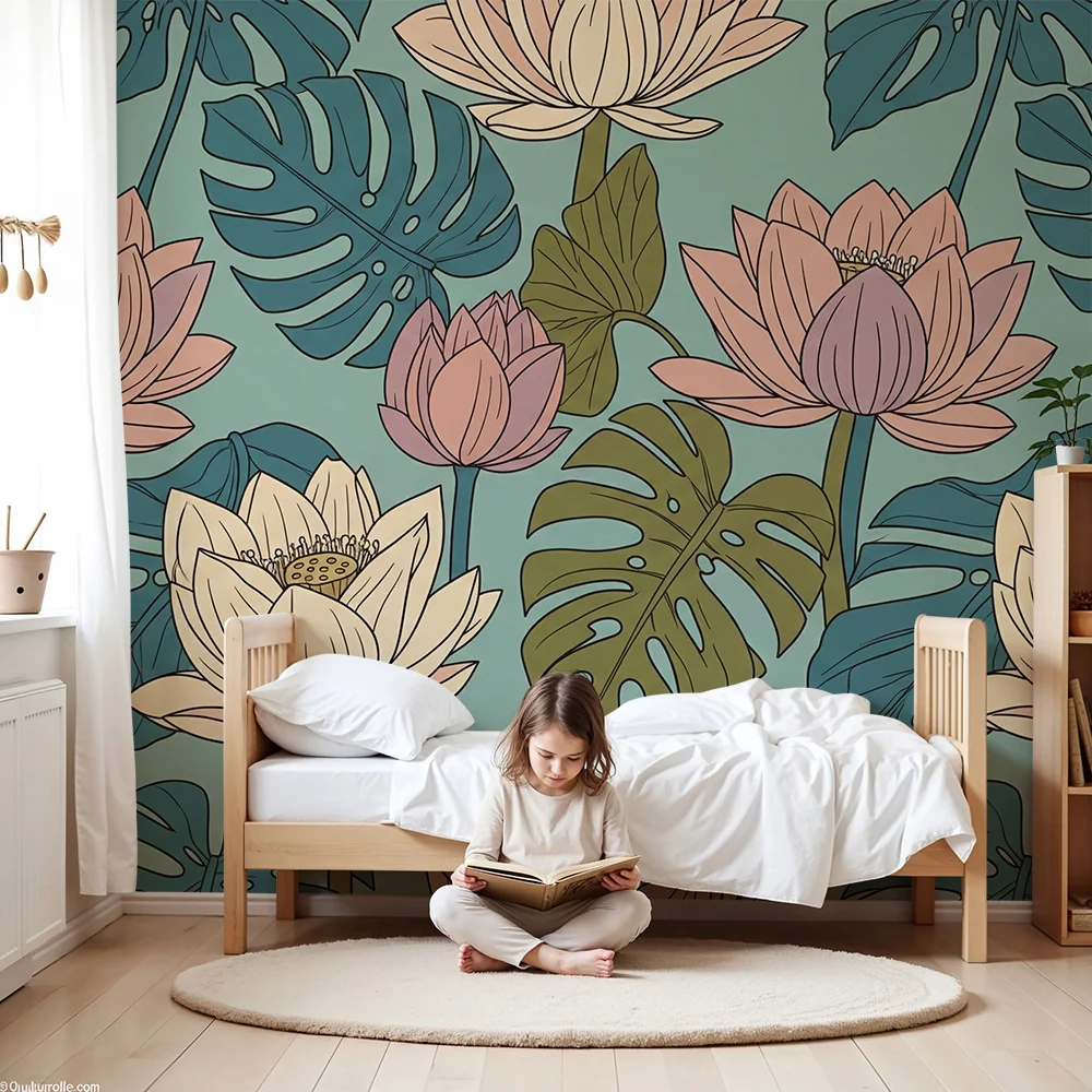Nursery room wallpaper | Lotus flowers and tropical foliage soft tones